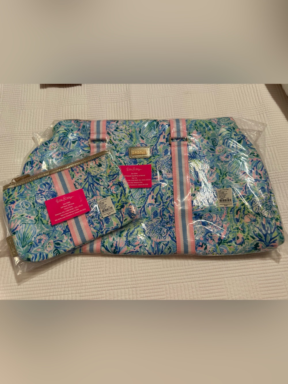 Lilly Pulitzer Blue, Pink & Green Patterned Weekender Bag with pouch.